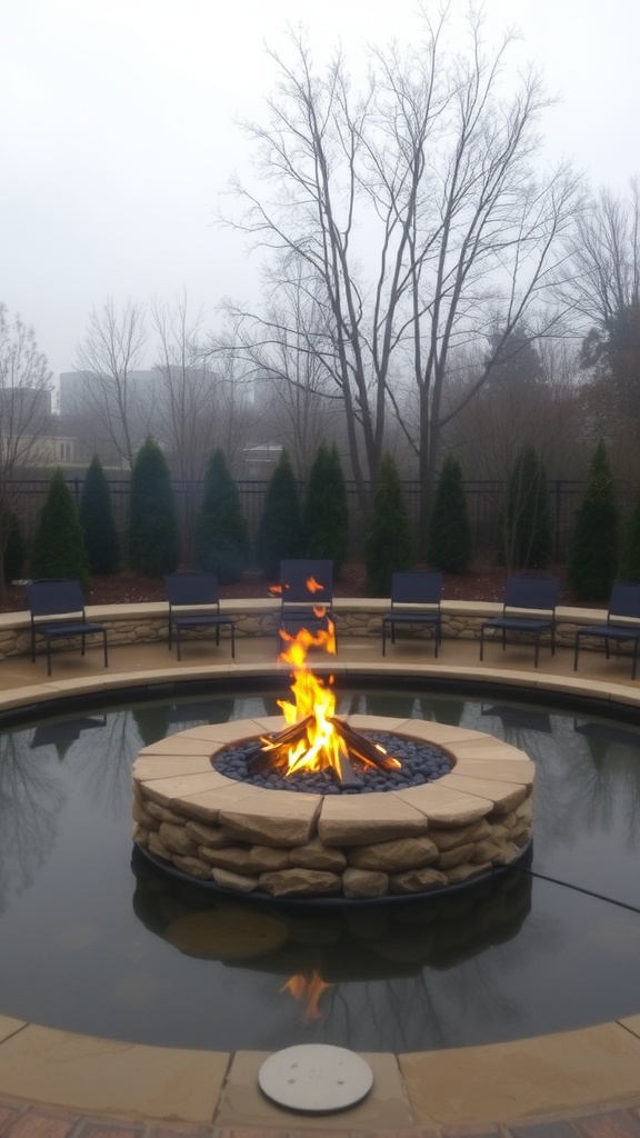 Circular fire pit surrounded by water with seating around it.