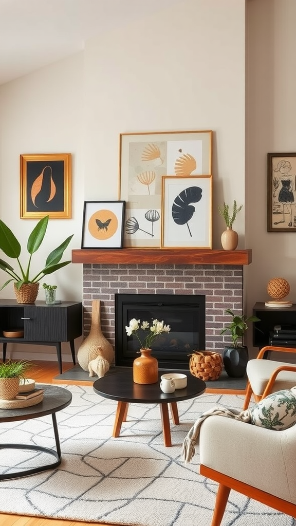 A stylish living room featuring a fireplace, art displays on the mantel, plants, and modern furniture.