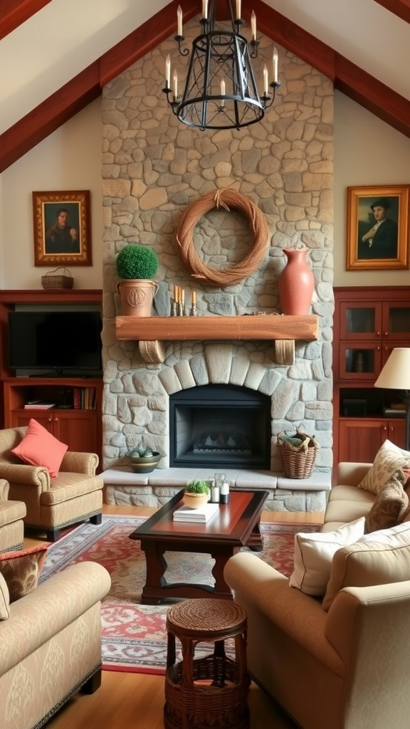 A cozy living room featuring a stone fireplace with wooden mantel, comfortable seating, and decorative items.