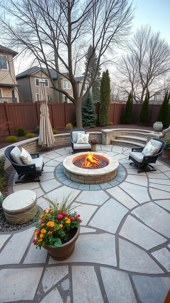 Cozy flagstone fire pit patio with chairs and flowers