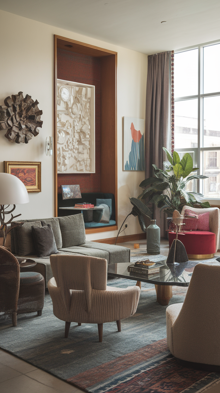 A stylish living room with various seating options and decorative elements.