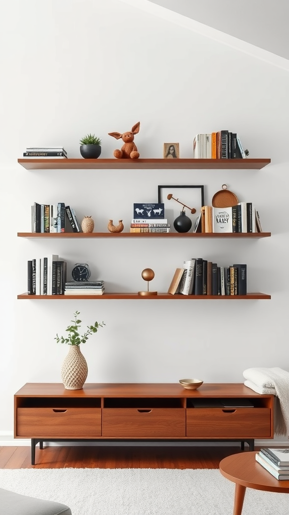 A living room with floating shelves displaying books, plants, and decorative items.