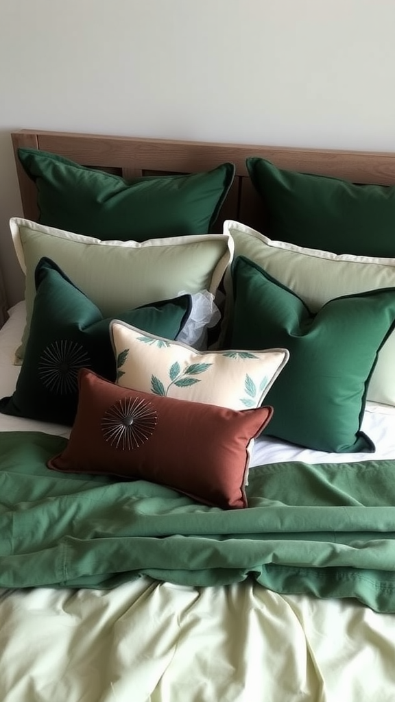 A bed with an arrangement of green and neutral colored pillows and bedding.