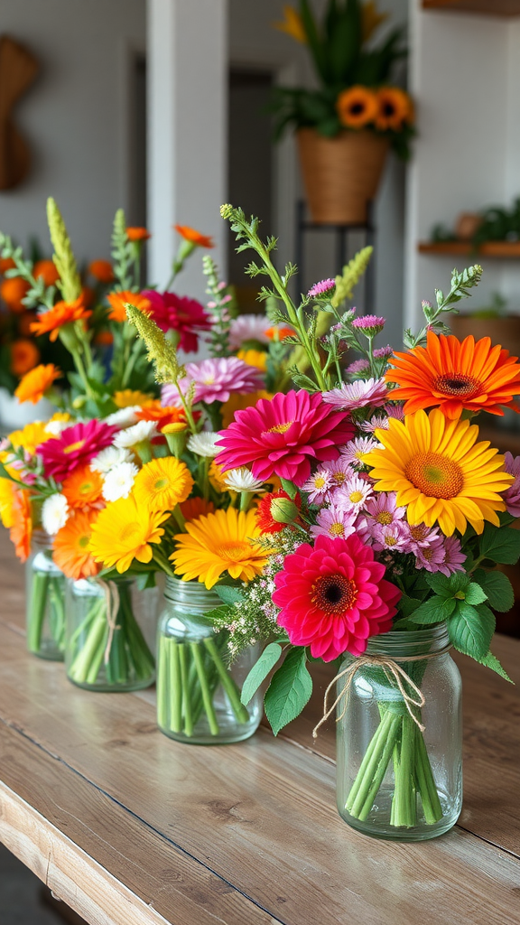 A display of colorful flower bouquets in glass jars on a wooden table.