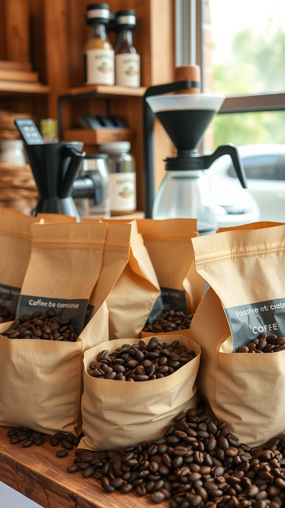 Bags of freshly roasted coffee beans on a wooden table with a coffee maker in the background.