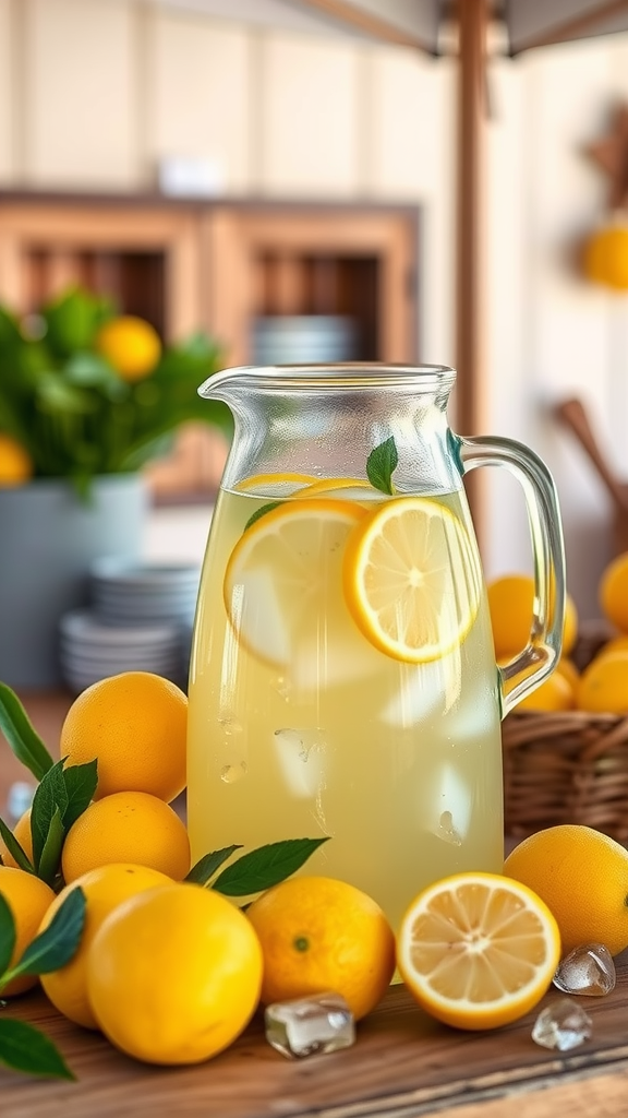 A pitcher of freshly squeezed lemonade with lemon slices and fresh lemons surrounding it