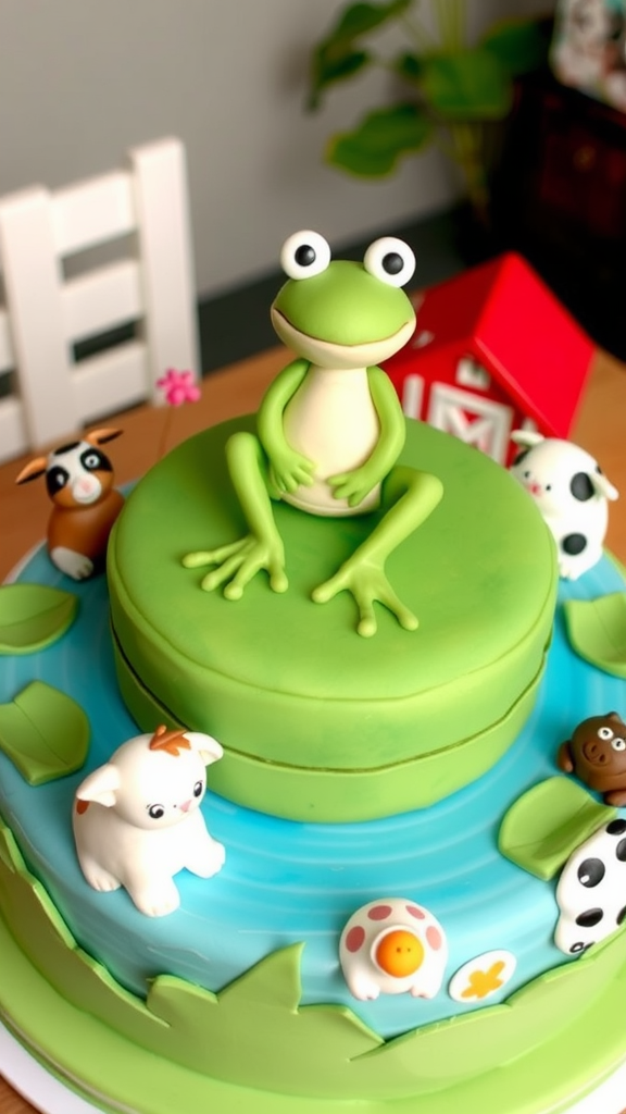 A colorful cake featuring a frog on top, surrounded by cute farm animal decorations.