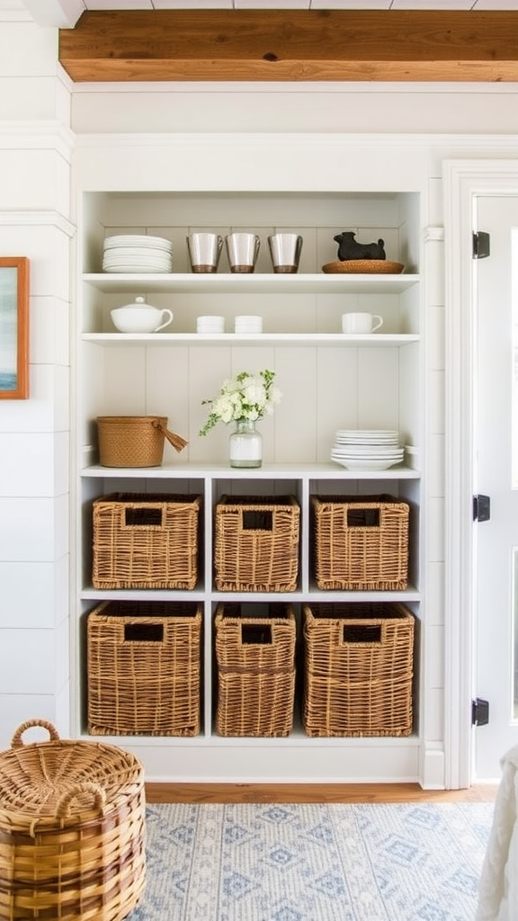 Stylish storage solution featuring woven baskets and organized shelves.