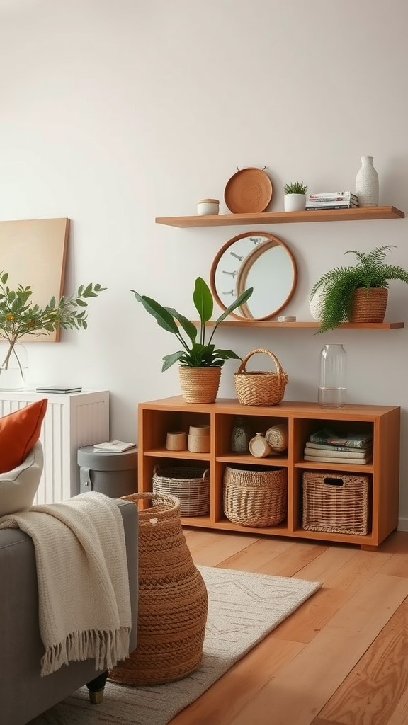 Stylish storage solutions featuring wooden shelves and woven baskets in a cozy living space.