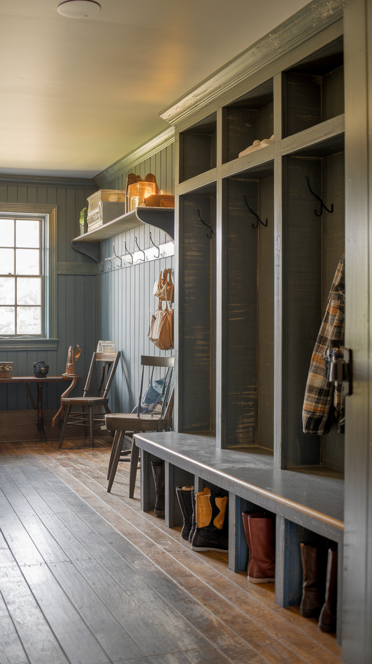 A cozy storage area with hooks and a bench, featuring various pairs of boots underneath.