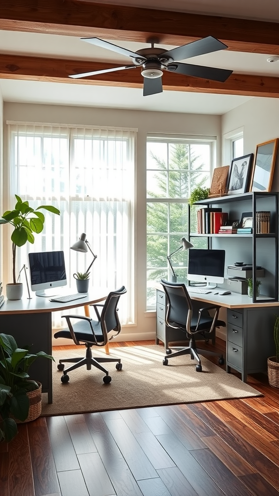 A well-organized dual workspace with two desks, monitors, and plants.