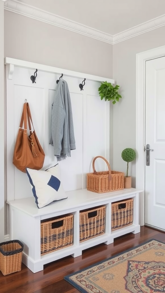 Functional entryway bench with baskets and hooks, featuring a cozy setup.