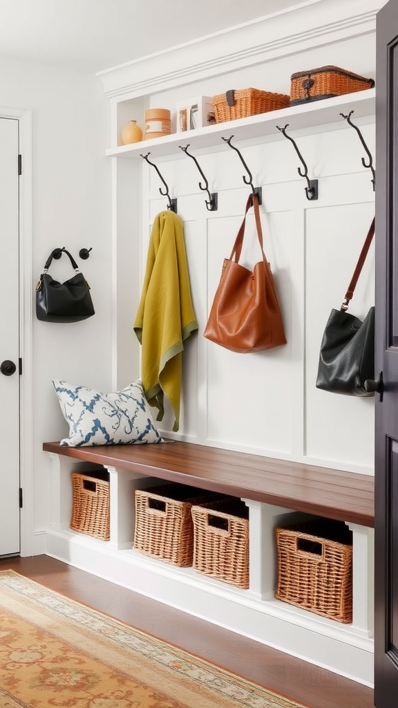 Functional entryway featuring a bench with storage baskets and coat hooks.