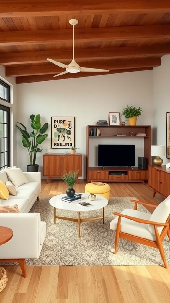 A cozy living room with modern furniture, plants, and wooden beams.