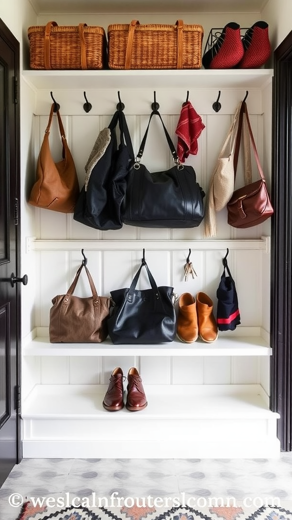 A well-organized mudroom drop zone with bags hanging on hooks and shoes neatly arranged on a shelf.