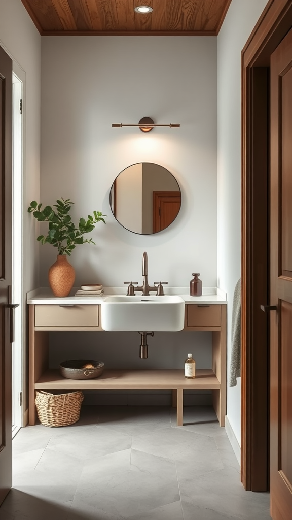 A modern mudroom featuring a stylish sink, wooden accents, and plants.