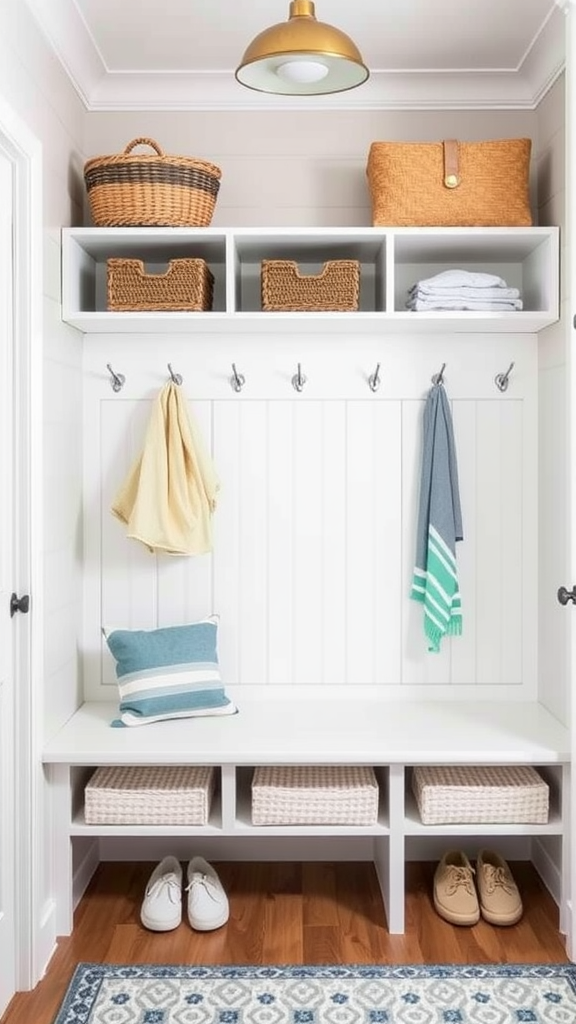 A stylish mudroom featuring a bench, hooks for hanging items, and storage baskets.