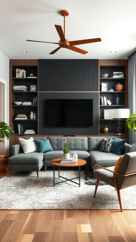 A modern living room featuring a gray sofa, wooden coffee table, and a large TV mounted on the wall.