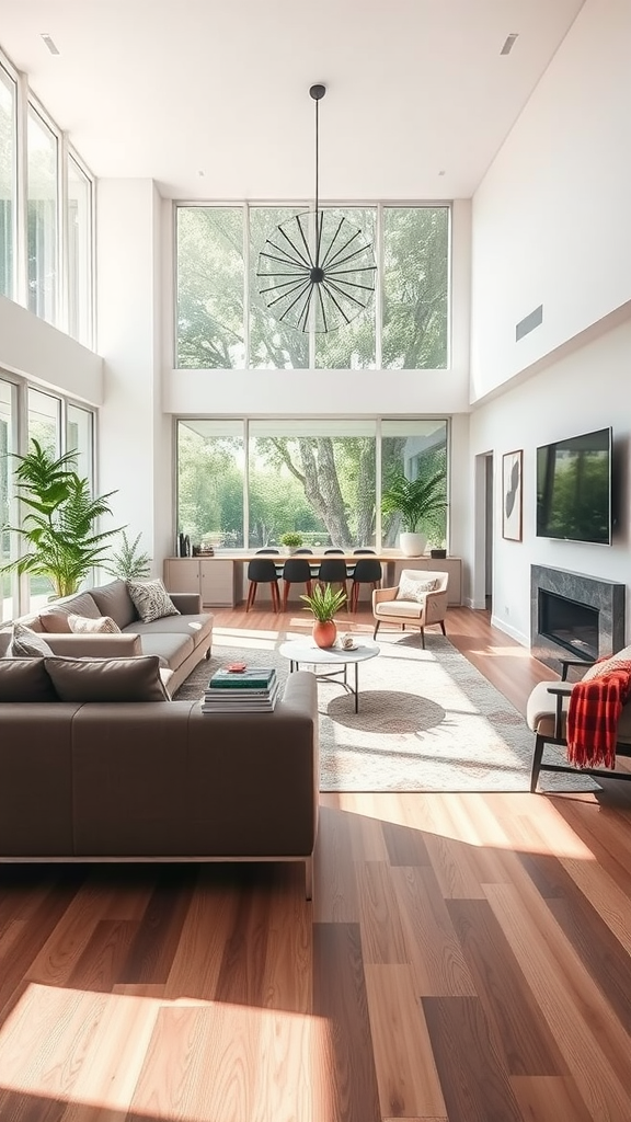 A bright and airy open living space with large windows, modern furniture, and wooden flooring.