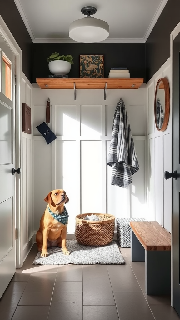 A cozy entryway featuring a dog on a mat, with a basket for toys and a bench.