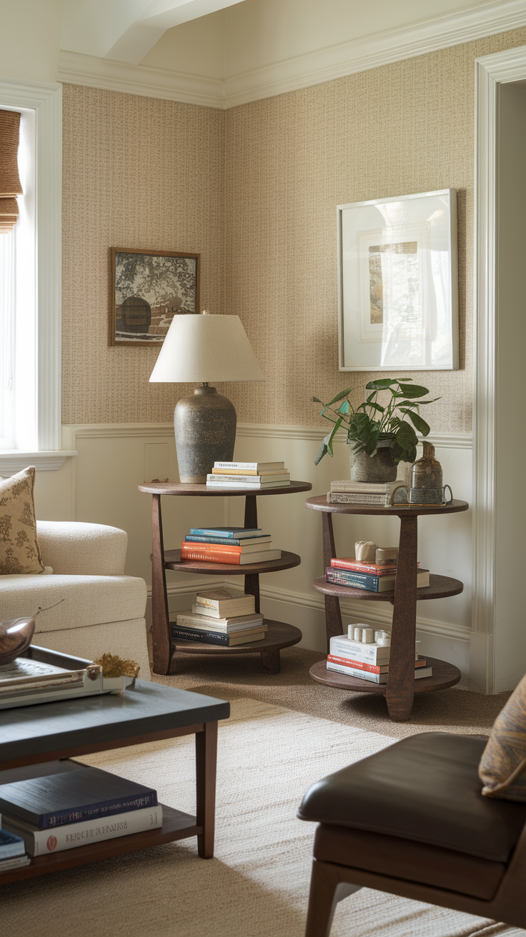 A cozy living room corner with a side table holding books and a lamp, highlighting its functional use.