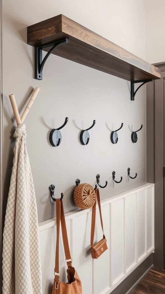 A stylish wall with functional hooks and a shelf, showcasing organized bags and a cozy coat.