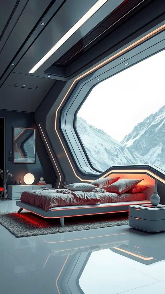 A futuristic bedroom with sleek design, glowing accents, and a large window showing mountains.