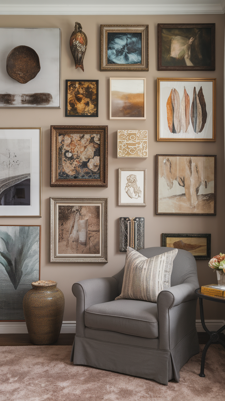 A cozy corner featuring a gallery wall with various framed art pieces, a comfortable chair, and decorative items.