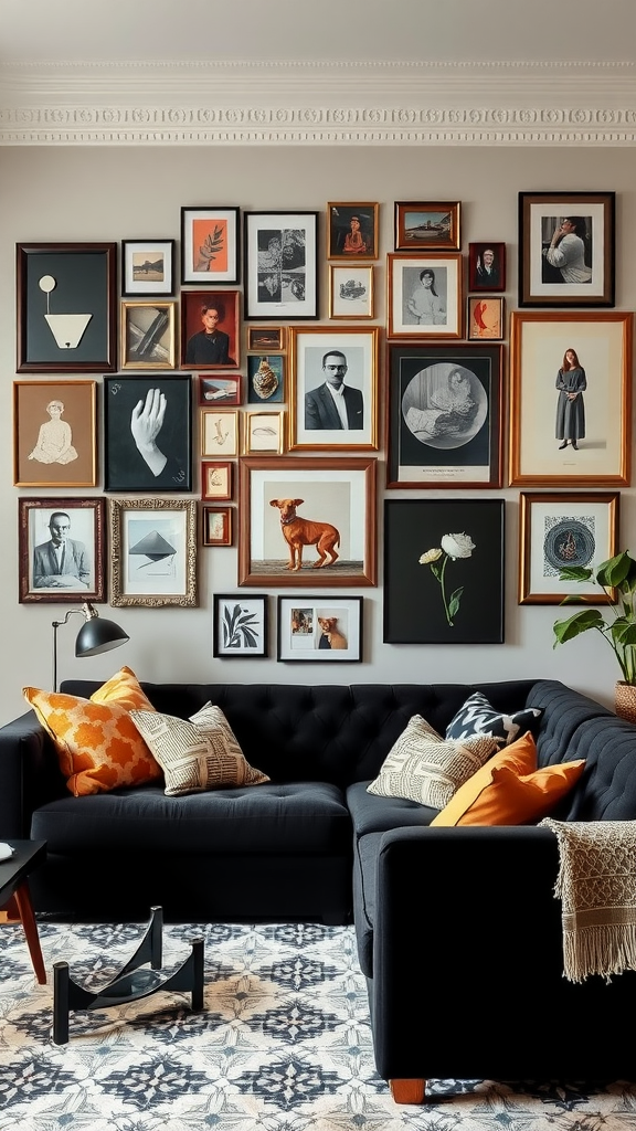 A cozy living room featuring a gallery wall filled with various framed artworks and photographs.