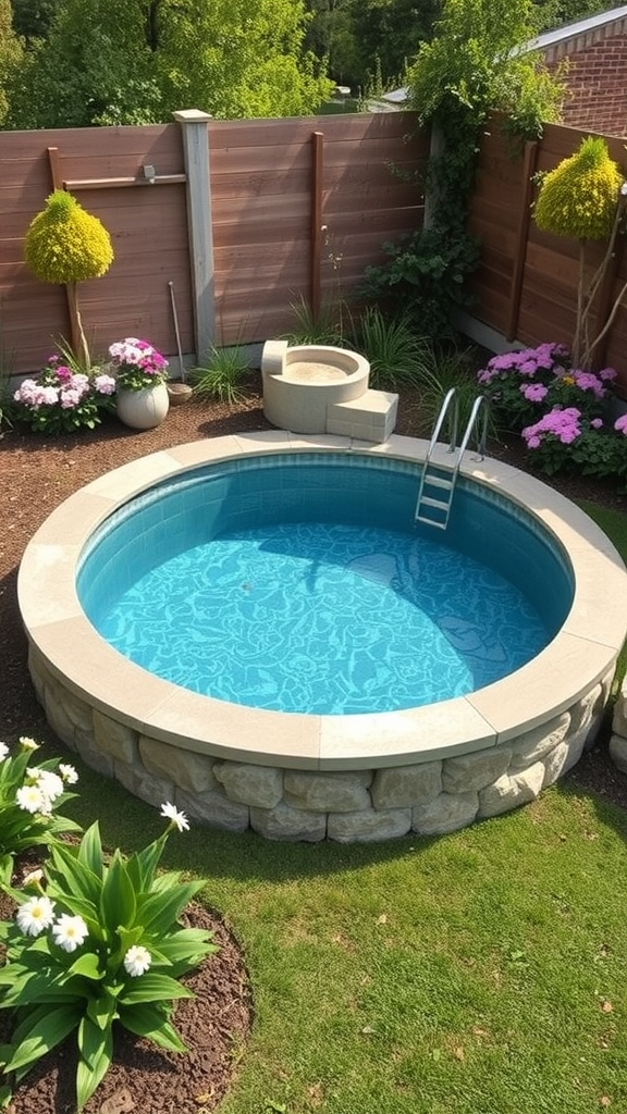 A small round elevated pool surrounded by flowers in a garden setting.