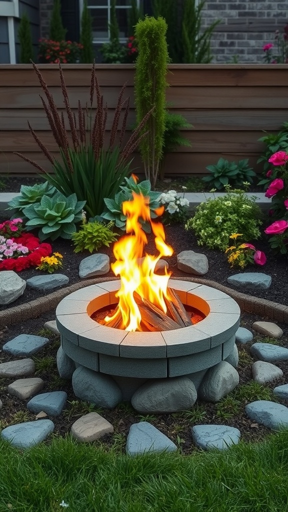 Fire pit surrounded by flower beds in a garden setting