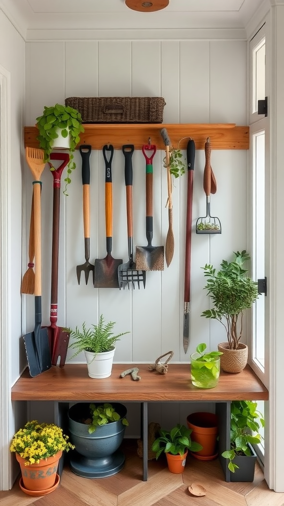 An organized display of gardening tools on a wall, with plants in pots below.