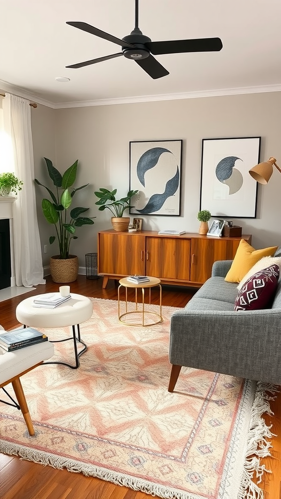 A cozy living room featuring geometric art on the walls and a patterned rug.