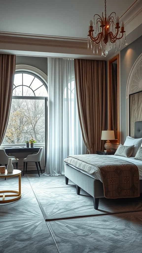 A stylish bedroom featuring a chandelier, soft curtains, and modern furniture.