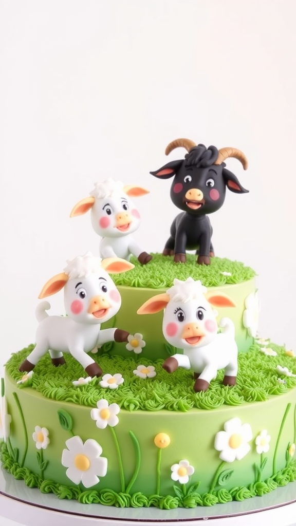 A colorful cake decorated with cute goat figures and grass.