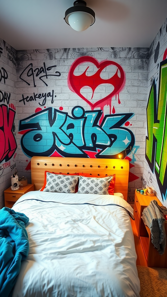 A bedroom featuring graffiti art walls with colorful designs and a cozy bed.