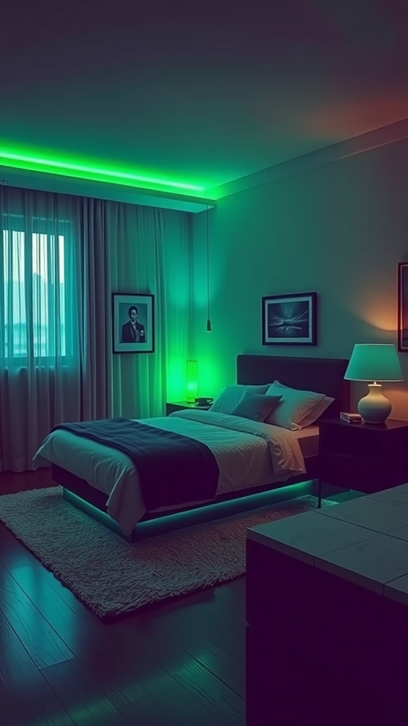 A cozy bedroom with green-tinted lighting highlighting the decor and furnishings.