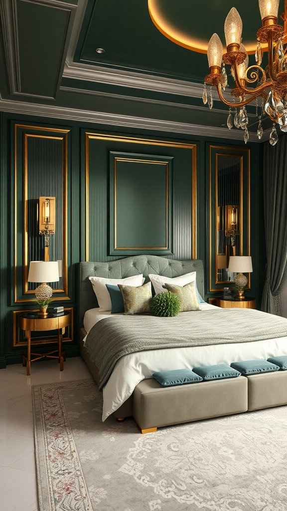 A beautifully decorated bedroom featuring a green and gold color scheme.