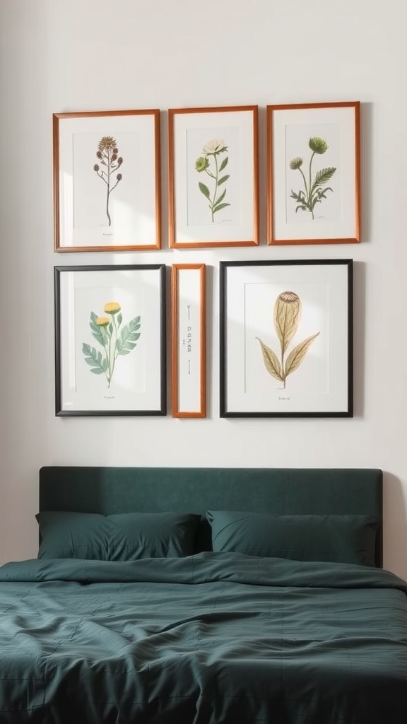 Framed botanical wall art above a green bedspread.