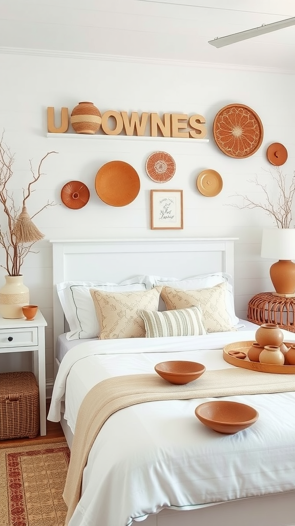 Coastal cottage bedroom featuring handcrafted pottery decor.