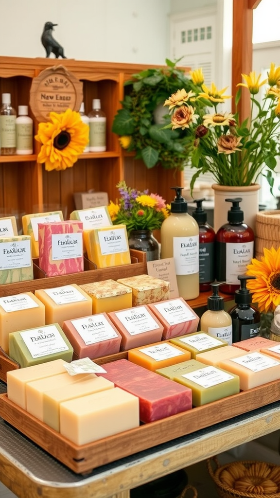 A display of colorful handcrafted soaps and skin products on a wooden shelf, adorned with flowers.