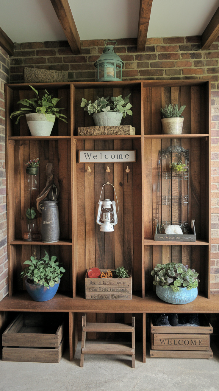 A beautifully arranged handcrafted wooden shelf with plants, a lantern, and decorative items.