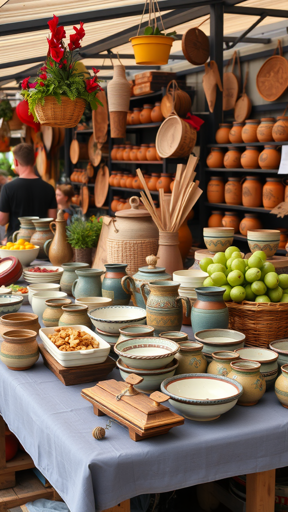 A vibrant market display featuring various handmade pottery and crafts.