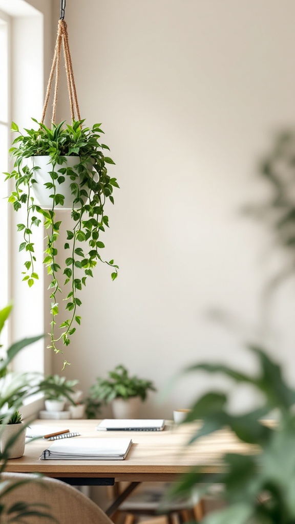 A beautiful hanging planter with green vines in a bright office setting.