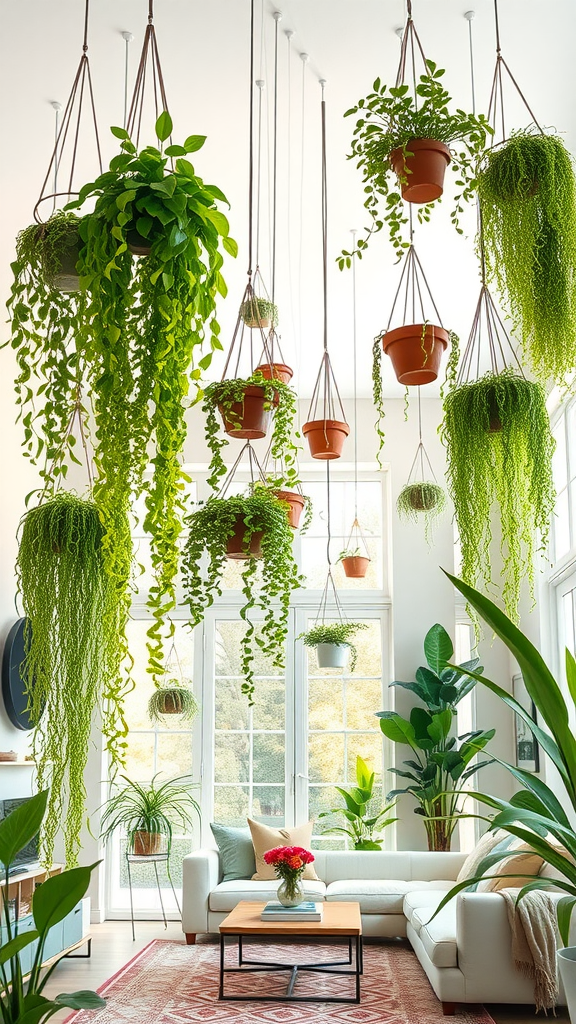 A cozy living room with various hanging plants, adding greenery and style to the space.