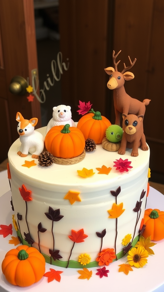 A beautifully decorated cake featuring pumpkins, animal figures, and autumn leaves.