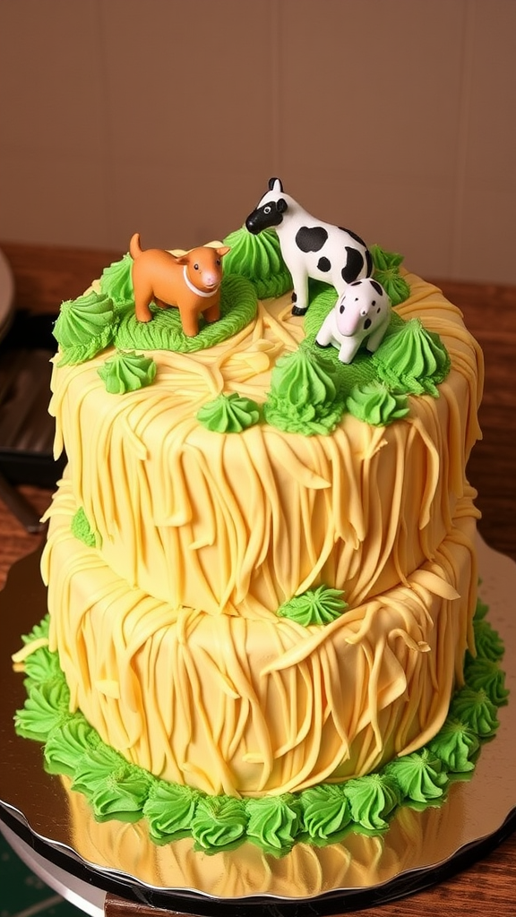 A two-tiered cake designed to look like hay bales, decorated with green frosting and toy animals on top.