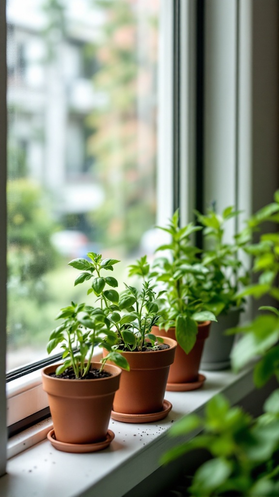 Potted herbs on a windowsill, showcasing vibrant green plants in small terracotta pots.