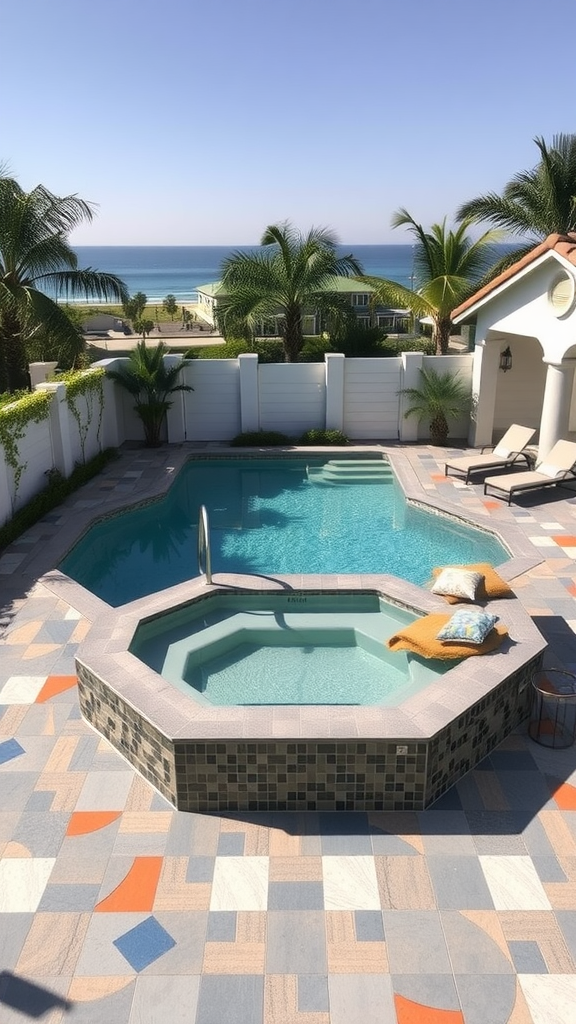 Hexagonal pool with attached spa in a small yard overlooking the ocean