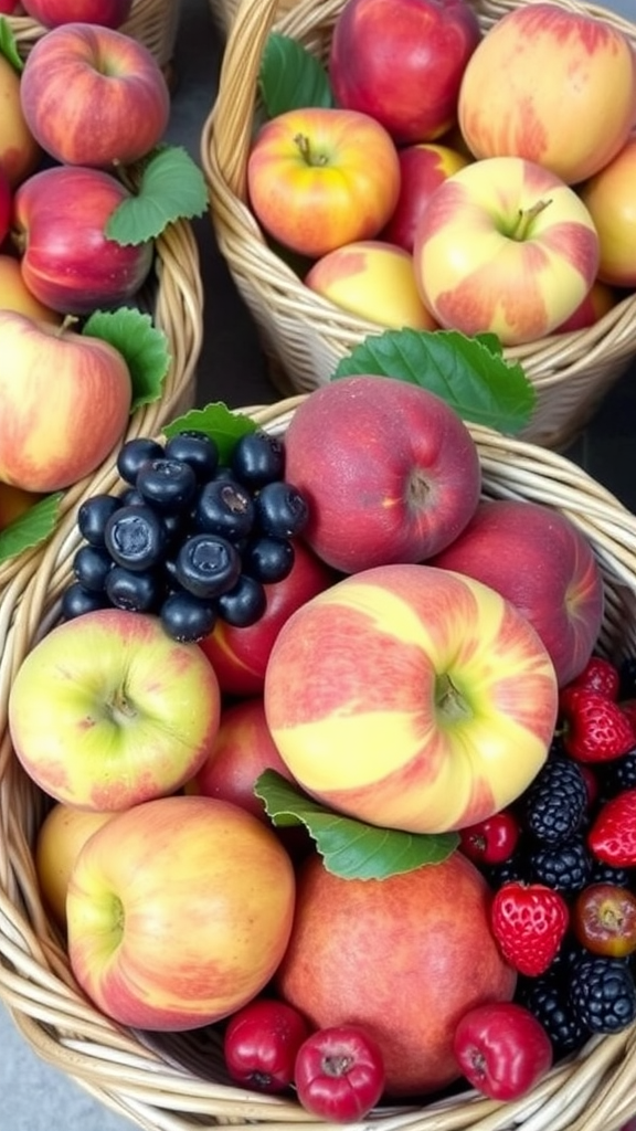 Baskets filled with fresh apples, berries, and leaves